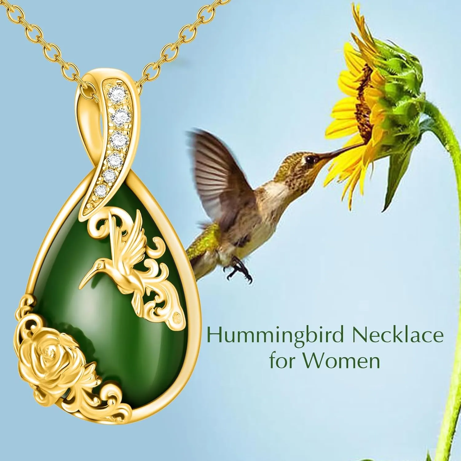 Green Jade Necklace Sterling Silver Teardrop Hummingbird/Dragonfly/Butterfly/Bee/Cat/Cardinal/Owl/Fox/Sloth Natural Jade Jewelry Birthday Mothers Day Christmas Gifts Women Mom Her