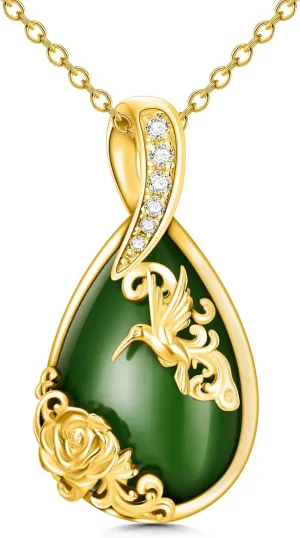 Green Jade Necklace Sterling Silver Teardrop Hummingbird/Dragonfly/Butterfly/Bee/Cat/Cardinal/Owl/Fox/Sloth Natural Jade Jewelry Birthday Mothers Day Christmas Gifts Women Mom Her