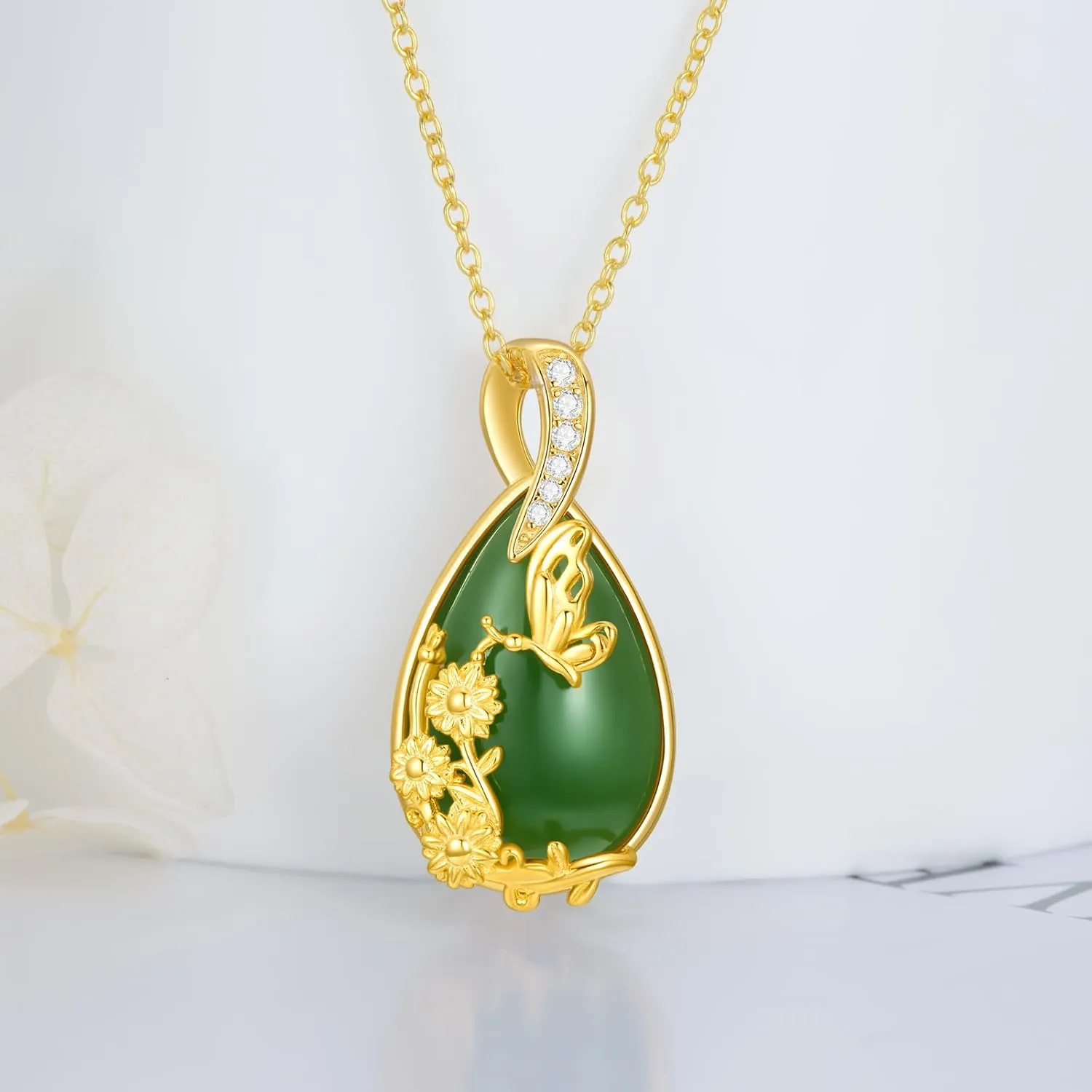 Green Jade Necklace Sterling Silver Teardrop Hummingbird/Dragonfly/Butterfly/Bee/Cat/Cardinal/Owl/Fox/Sloth Natural Jade Jewelry Birthday Mothers Day Christmas Gifts Women Mom Her