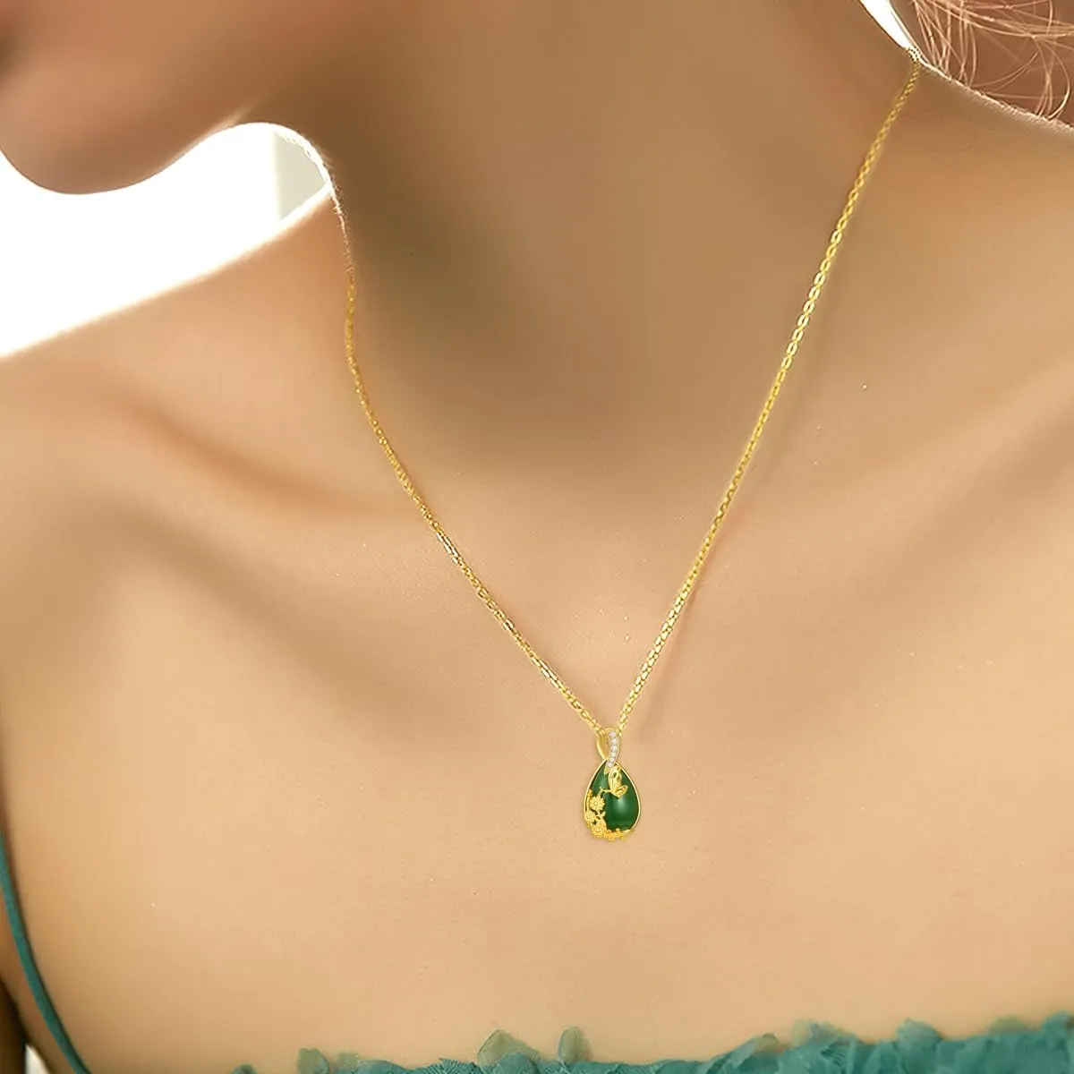 Green Jade Necklace Sterling Silver Teardrop Hummingbird/Dragonfly/Butterfly/Bee/Cat/Cardinal/Owl/Fox/Sloth Natural Jade Jewelry Birthday Mothers Day Christmas Gifts Women Mom Her