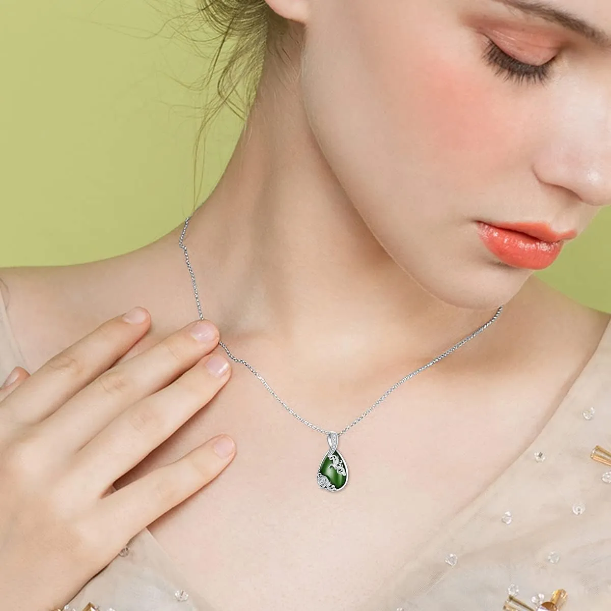 Green Jade Necklace Sterling Silver Teardrop Hummingbird/Dragonfly/Butterfly/Bee/Cat/Cardinal/Owl/Fox/Sloth Natural Jade Jewelry Birthday Mothers Day Christmas Gifts Women Mom Her