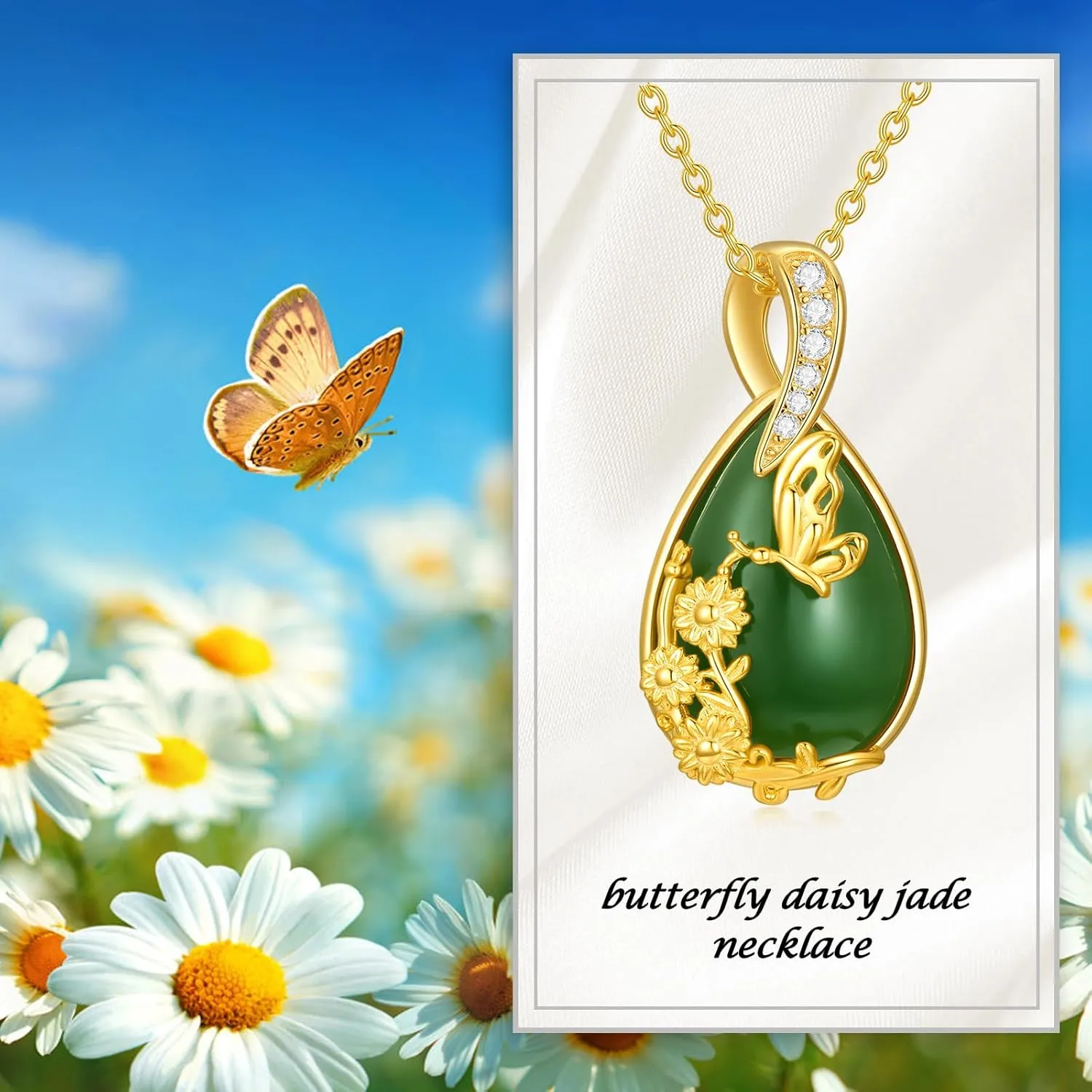 Green Jade Necklace Sterling Silver Teardrop Hummingbird/Dragonfly/Butterfly/Bee/Cat/Cardinal/Owl/Fox/Sloth Natural Jade Jewelry Birthday Mothers Day Christmas Gifts Women Mom Her
