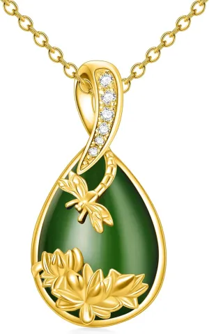 Green Jade Necklace Sterling Silver Teardrop Hummingbird/Dragonfly/Butterfly/Bee/Cat/Cardinal/Owl/Fox/Sloth Natural Jade Jewelry Birthday Mothers Day Christmas Gifts Women Mom Her