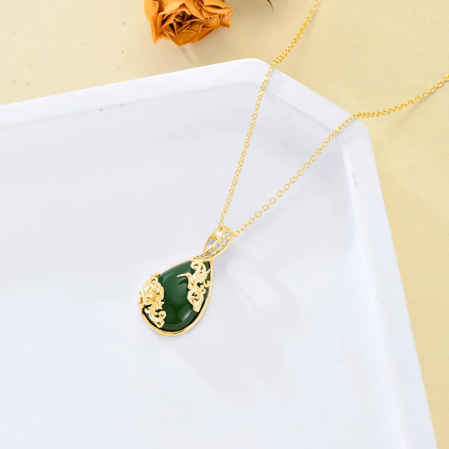 Green Jade Necklace Sterling Silver Teardrop Hummingbird/Dragonfly/Butterfly/Bee/Cat/Cardinal/Owl/Fox/Sloth Natural Jade Jewelry Birthday Mothers Day Christmas Gifts Women Mom Her