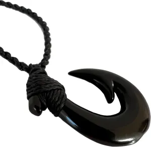 Hand Carved Genuine Black Jade Nephrite Hawaii Fish Hook Necklace Adjustable Black Hemp Cord Pendant