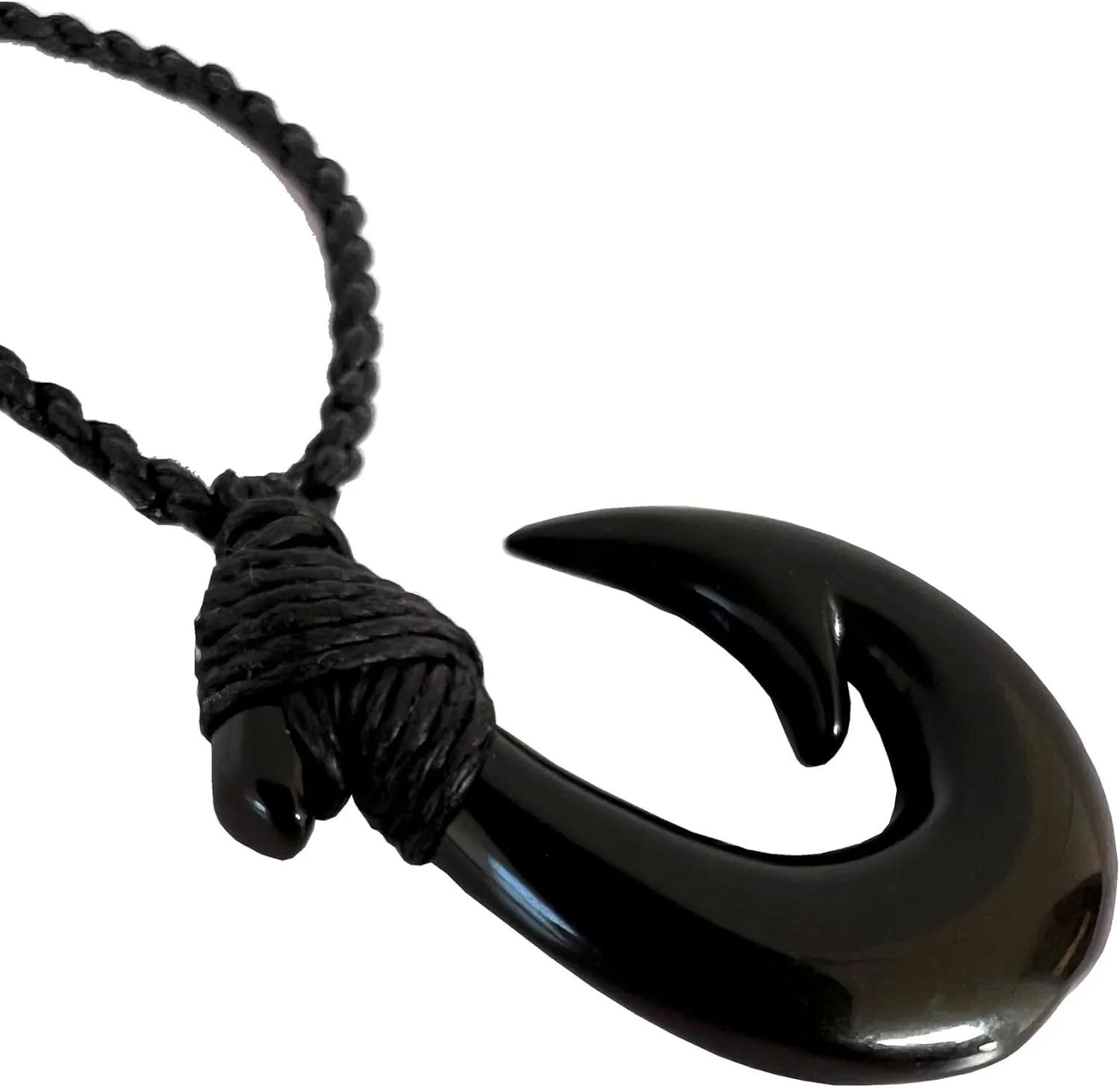 Hand Carved Genuine Black Jade Nephrite Hawaii Fish Hook Necklace Adjustable Black Hemp Cord Pendant