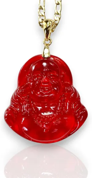 Happy Laughing Buddha Red Jade Pendant Necklace Figaro Gold Chain Genuine Certified Grade A Jadeite Jade Hand Crafted, Jade Necklace, 14k Gold Filled Laughing Jade Buddha necklace, Jade Medallion