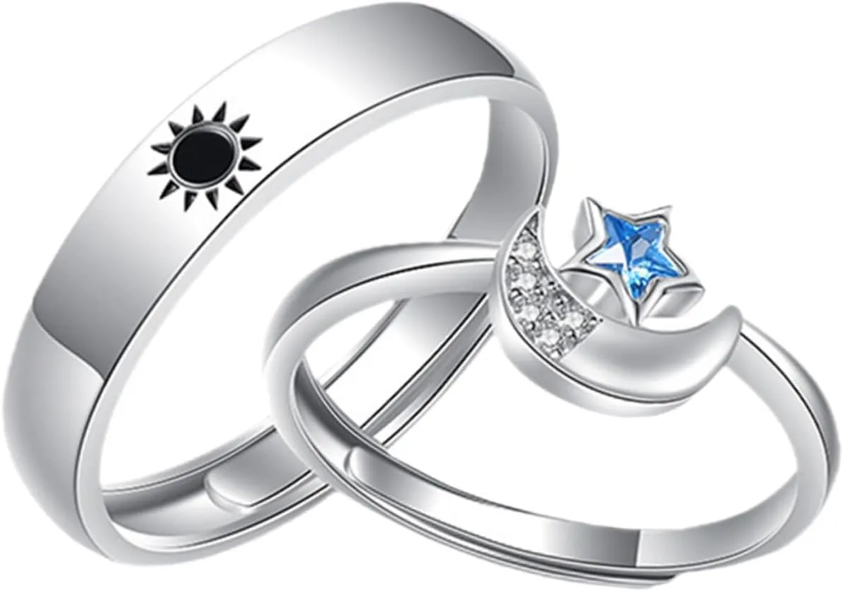 Hemoton 1Pair Couple Open Rings Sun and Moon Decorative Matching Rings for Lovers Stylish Zircon Star Design Fashion Jewelry for Him and Her
