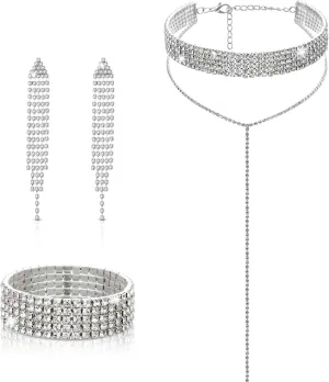 Hicarer 3 Pcs Rhinestone Tassel Jewelry Set, Long Diamond Necklace Stretch Bracelet Tassel Choker Chandelier Dangle Earrings Plated Gothic Long Choker Necklaces