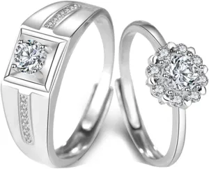Him and Her Rings Adjustable, Promise Rings for Couples Goth Customize 925 Sterling Silver Solitaire Ring with Cubic Zirconia