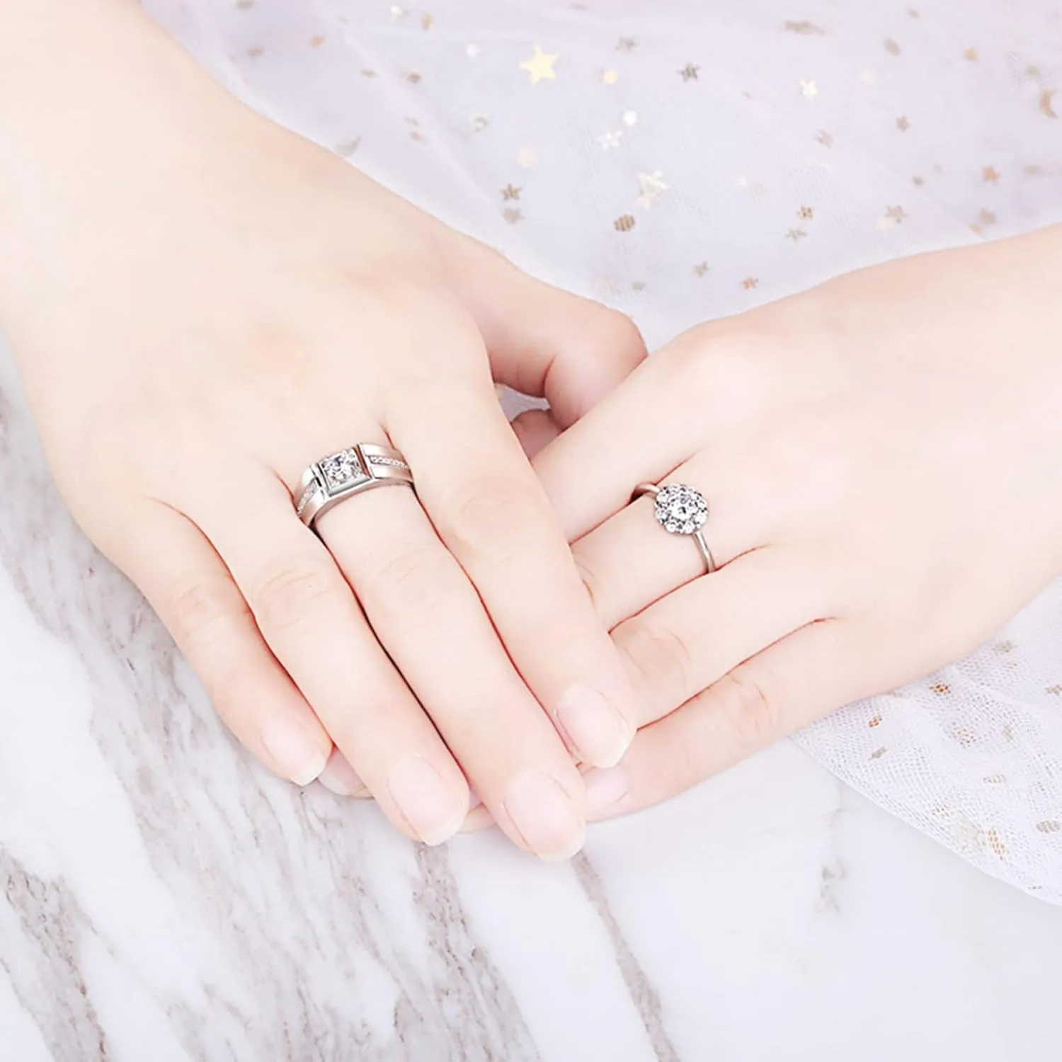 Him and Her Rings Adjustable, Promise Rings for Couples Goth Customize 925 Sterling Silver Solitaire Ring with Cubic Zirconia