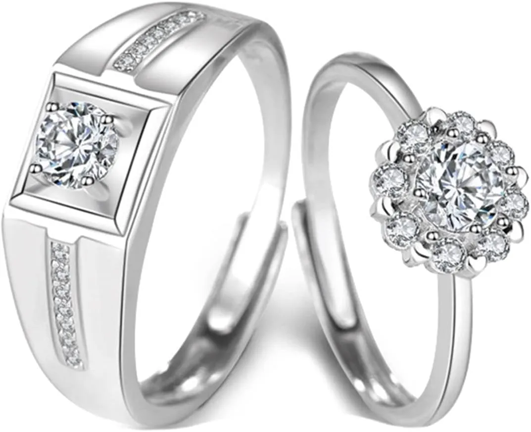 Him and Her Rings Adjustable, Promise Rings for Couples Goth Customize 925 Sterling Silver Solitaire Ring with Cubic Zirconia