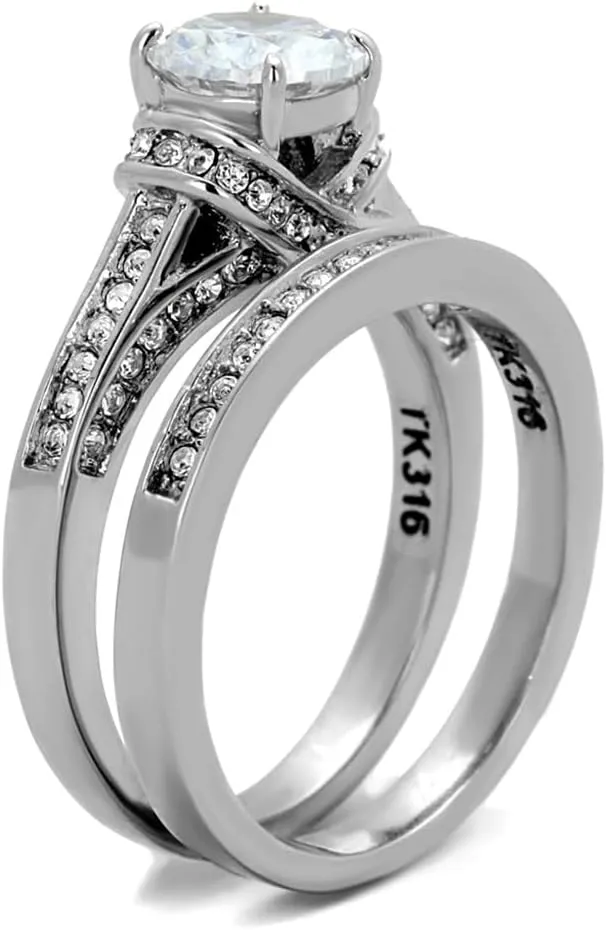 His Hers Couples Ring Set Womens Round CZ Stainless Steel Wedding Ring Set Mens Matching Band