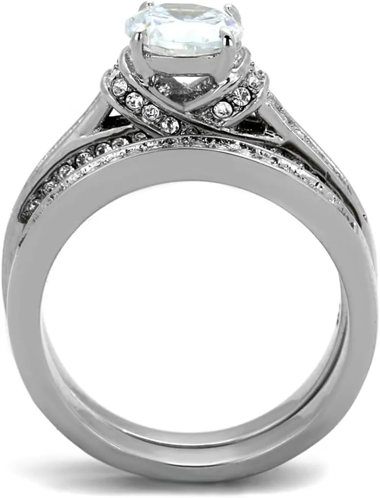 His Hers Couples Ring Set Womens Round CZ Stainless Steel Wedding Ring Set Mens Matching Band