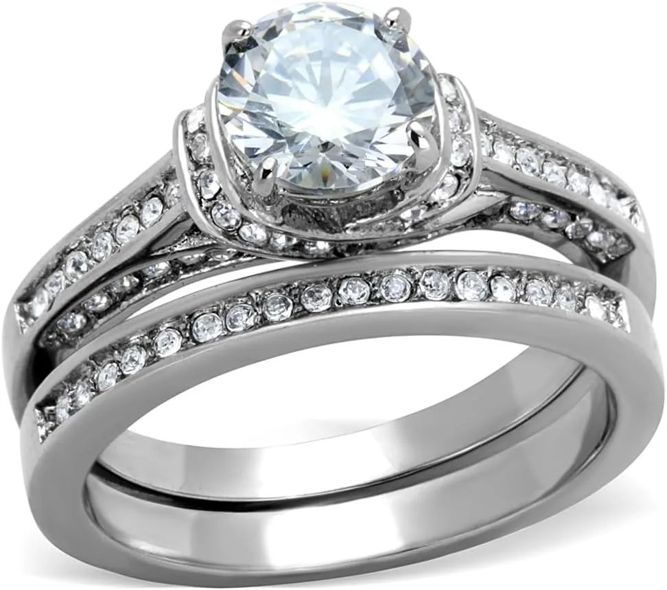 His Hers Couples Ring Set Womens Round CZ Stainless Steel Wedding Ring Set Mens Matching Band