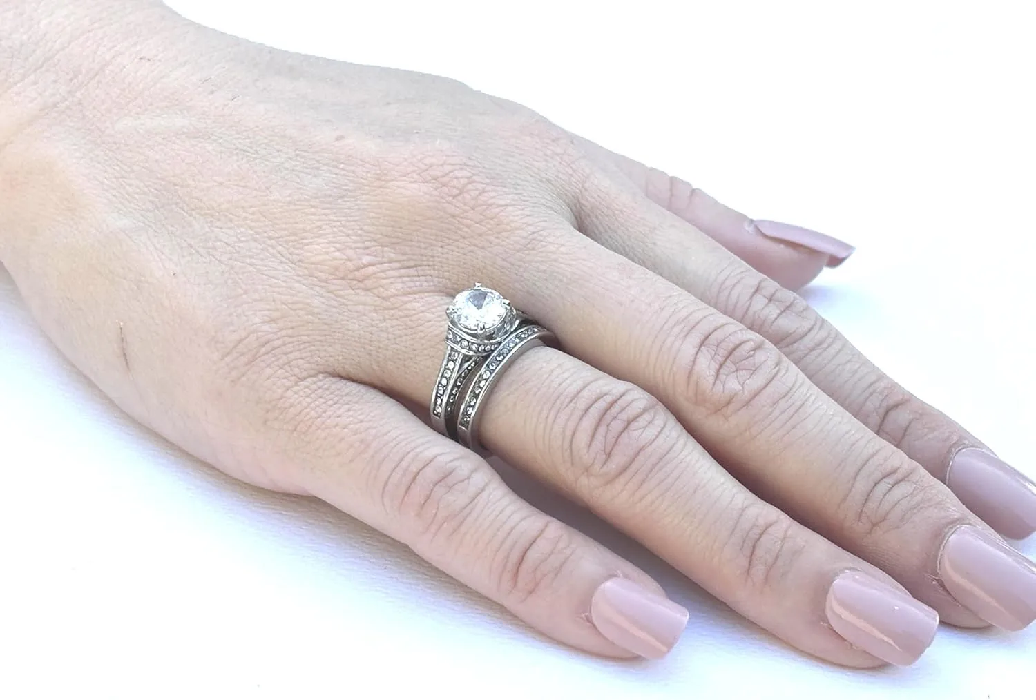 His Hers Couples Ring Set Womens Round CZ Stainless Steel Wedding Ring Set Mens Matching Band