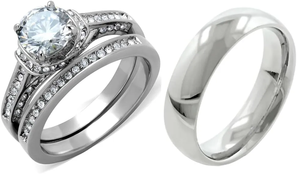 His Hers Couples Ring Set Womens Round CZ Stainless Steel Wedding Ring Set Mens Matching Band