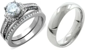 His Hers Couples Ring Set Womens Round CZ Stainless Steel Wedding Ring Set Mens Matching Band