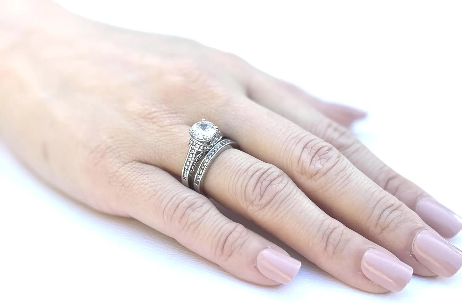 His Hers Couples Ring Set Womens Round CZ Stainless Steel Wedding Ring Set Mens Matching Band