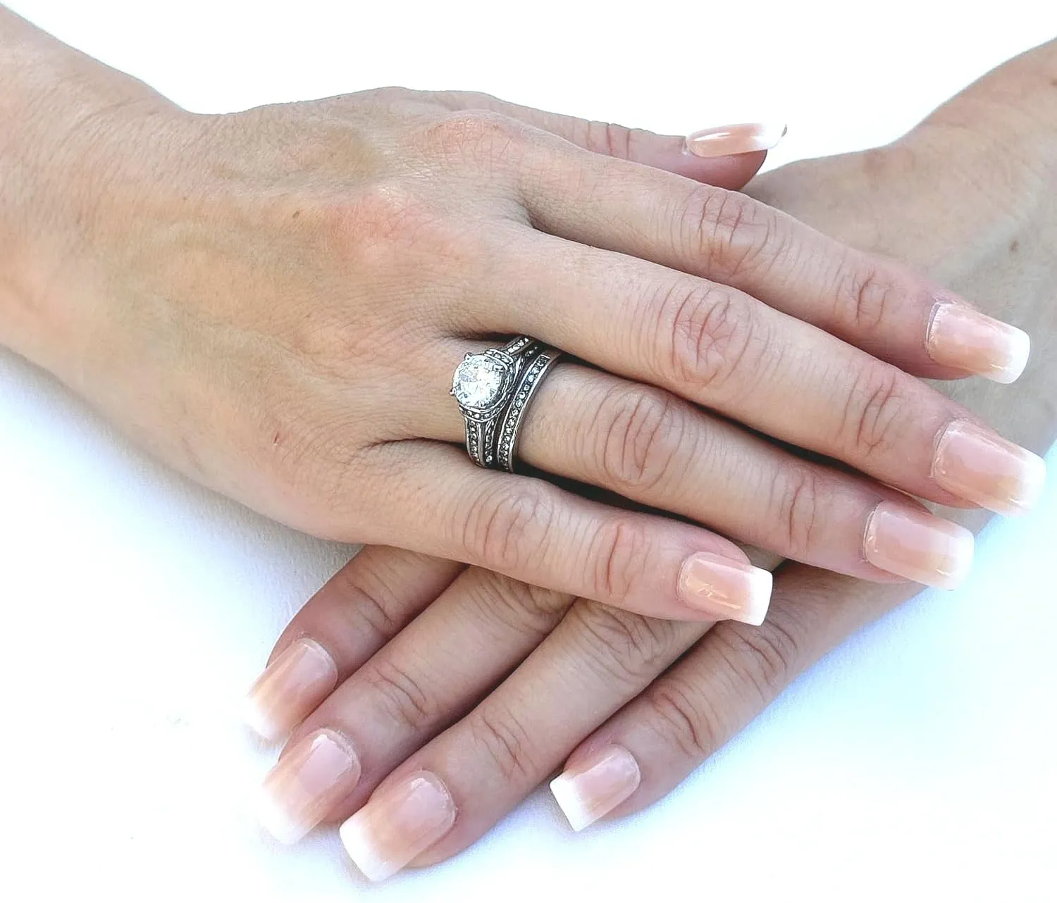 His Hers Couples Ring Set Womens Round CZ Stainless Steel Wedding Ring Set Mens Matching Band