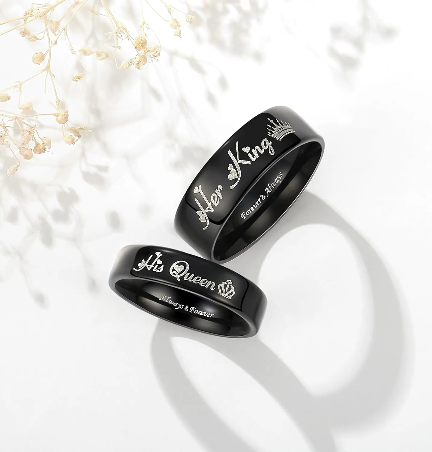 His Queen & Her King Matching Black Titanium Stainless Steel Rings for Couples - Romantic Gifts for Anniversary, Valentine's Day, and Weddings