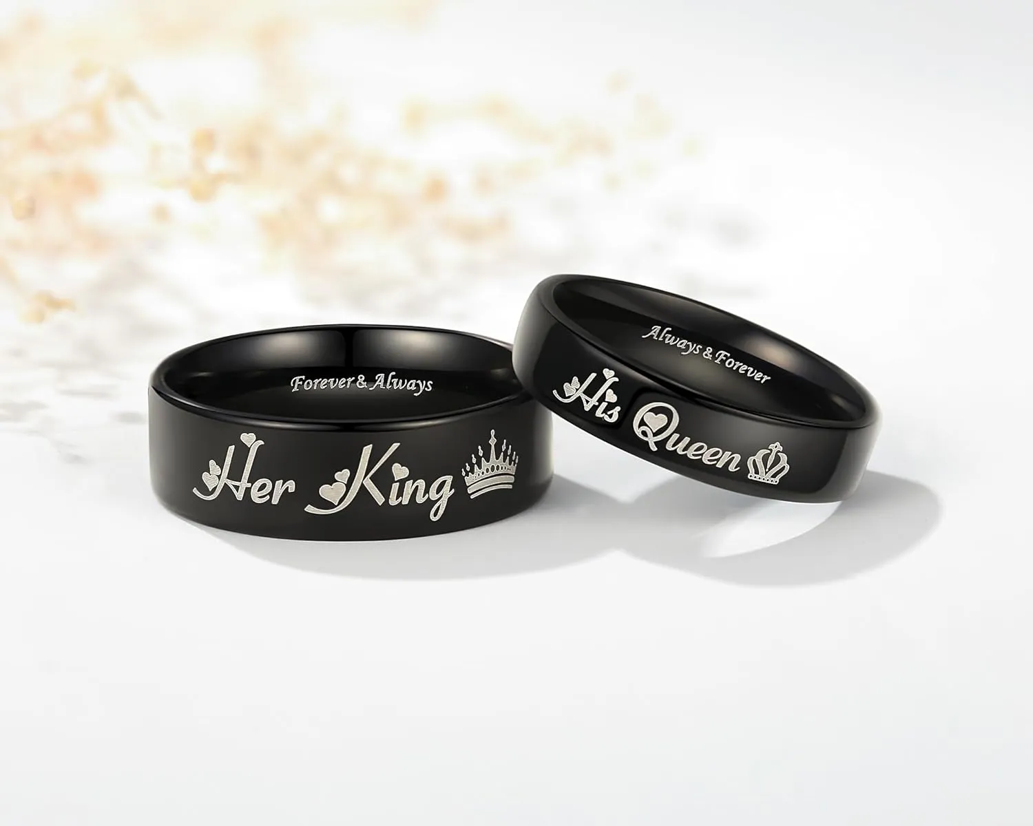His Queen & Her King Matching Black Titanium Stainless Steel Rings for Couples - Romantic Gifts for Anniversary, Valentine's Day, and Weddings