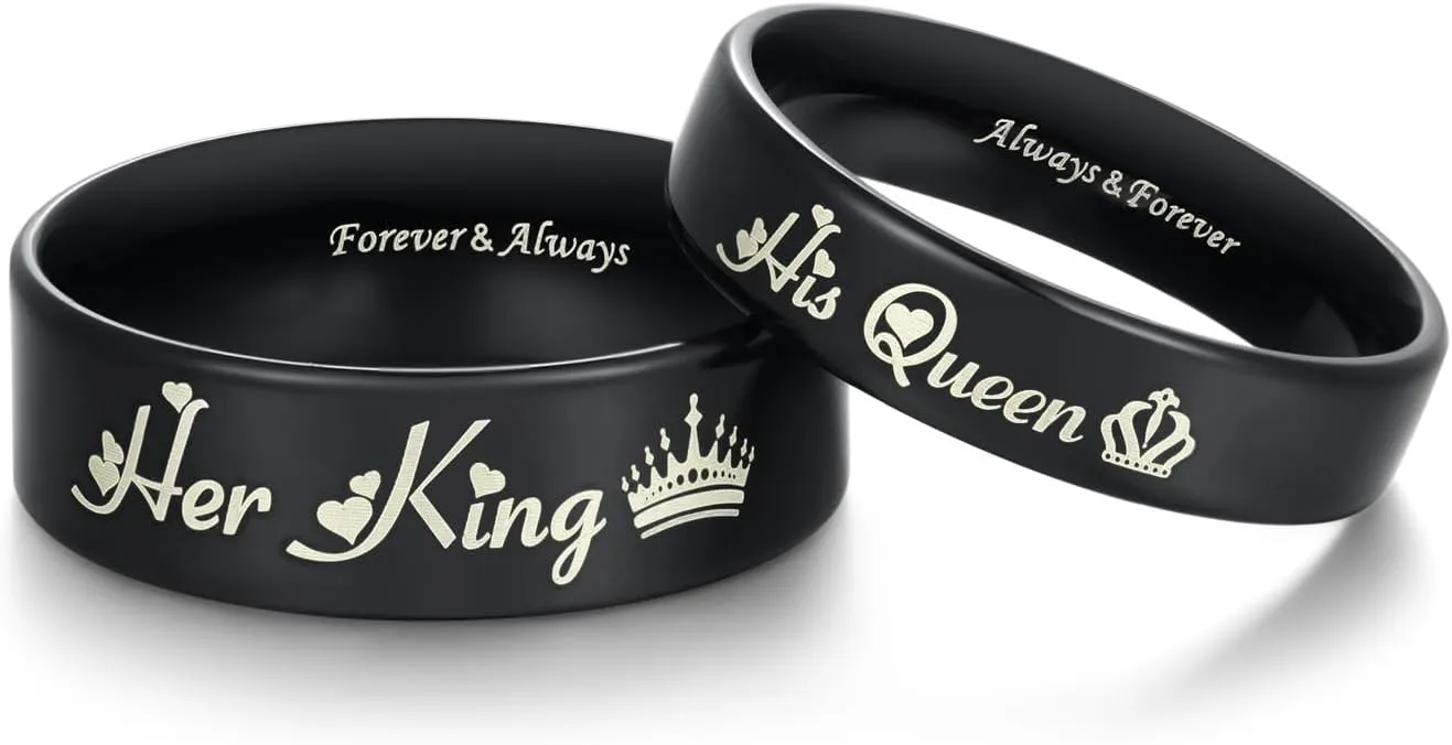 His Queen & Her King Matching Black Titanium Stainless Steel Rings for Couples - Romantic Gifts for Anniversary, Valentine's Day, and Weddings