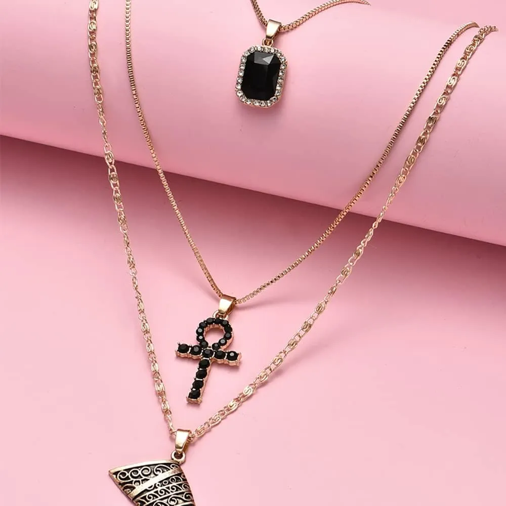 HUJUON 3-Layer Nefertiti Pharaoh Necklace. Punk Gold Egyptian Queen Cross Pendant Necklace,Hip Hop African Women Men Jewelry