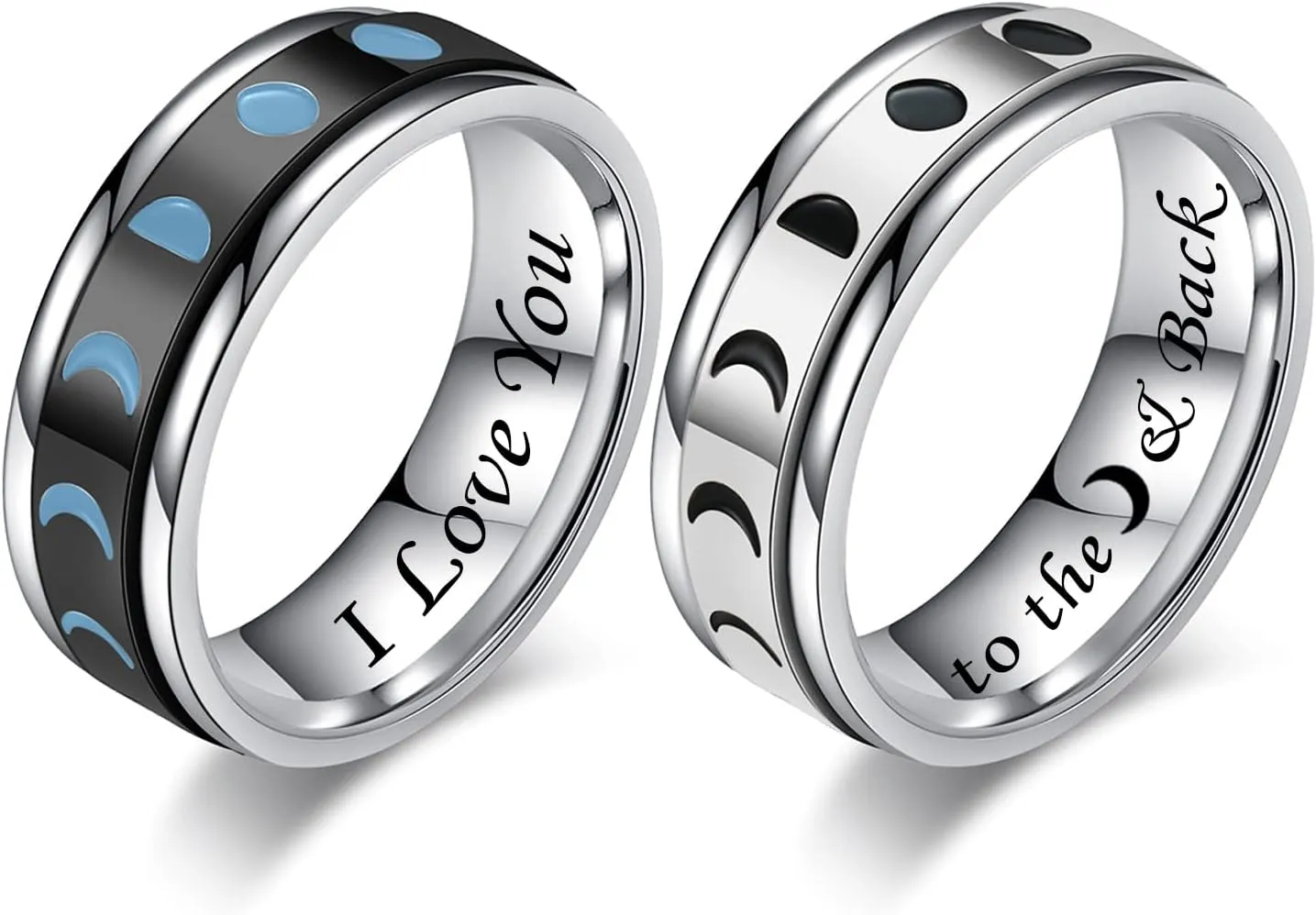 I Love You to The Moon & Back Couple Rings for Boyfriend Girlfriend Vintage Moon Phase Stainless Steel Spinner Rings Wedding Band Promise Engagement Ring for Him and Her,Black Silver