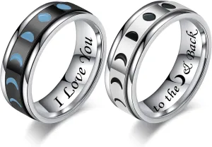 I Love You to The Moon & Back Couple Rings for Boyfriend Girlfriend Vintage Moon Phase Stainless Steel Spinner Rings Wedding Band Promise Engagement Ring for Him and Her,Black Silver