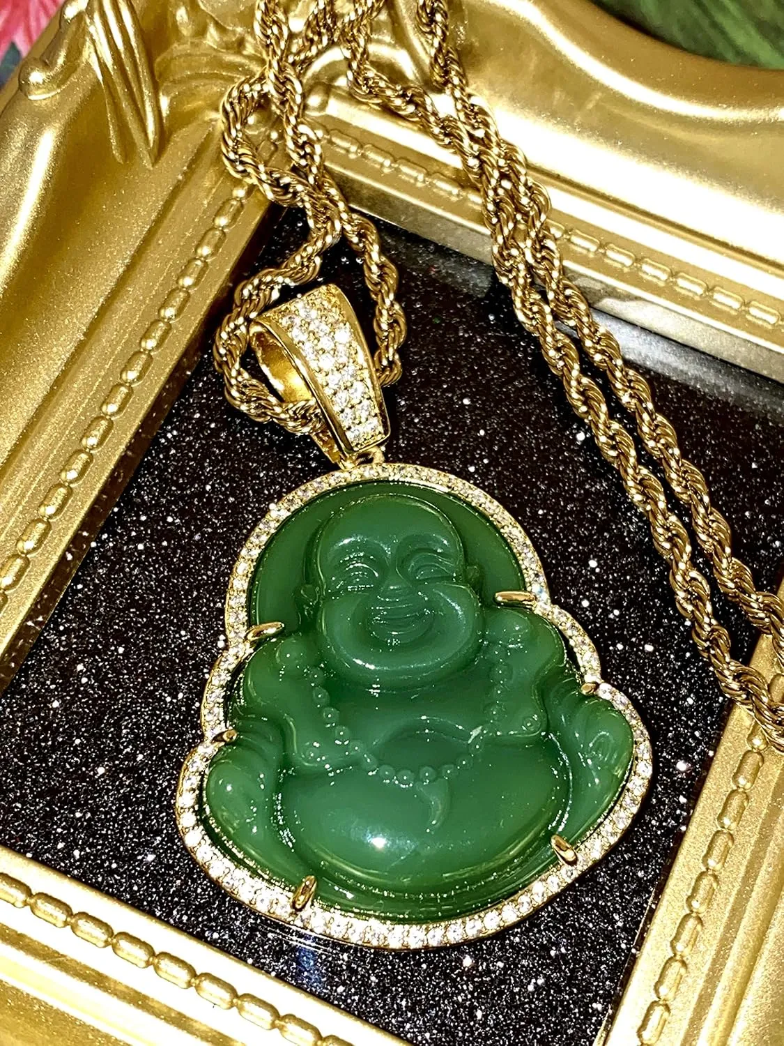 Iced Laughing Buddha Green Jade Pendant Necklace Rope Chain Genuine Certified Grade A Jadeite Jade Hand Crafted, Jade Neckalce, 14k Gold Filled Laughing Jade Buddha Necklace, Jade Medallion