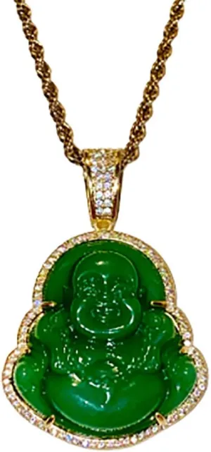 Iced Laughing Buddha Green Jade Pendant Necklace Rope Chain Genuine Certified Grade A Jadeite Jade Hand Crafted, Jade Neckalce, 14k Gold Filled Laughing Jade Buddha Necklace, Jade Medallion
