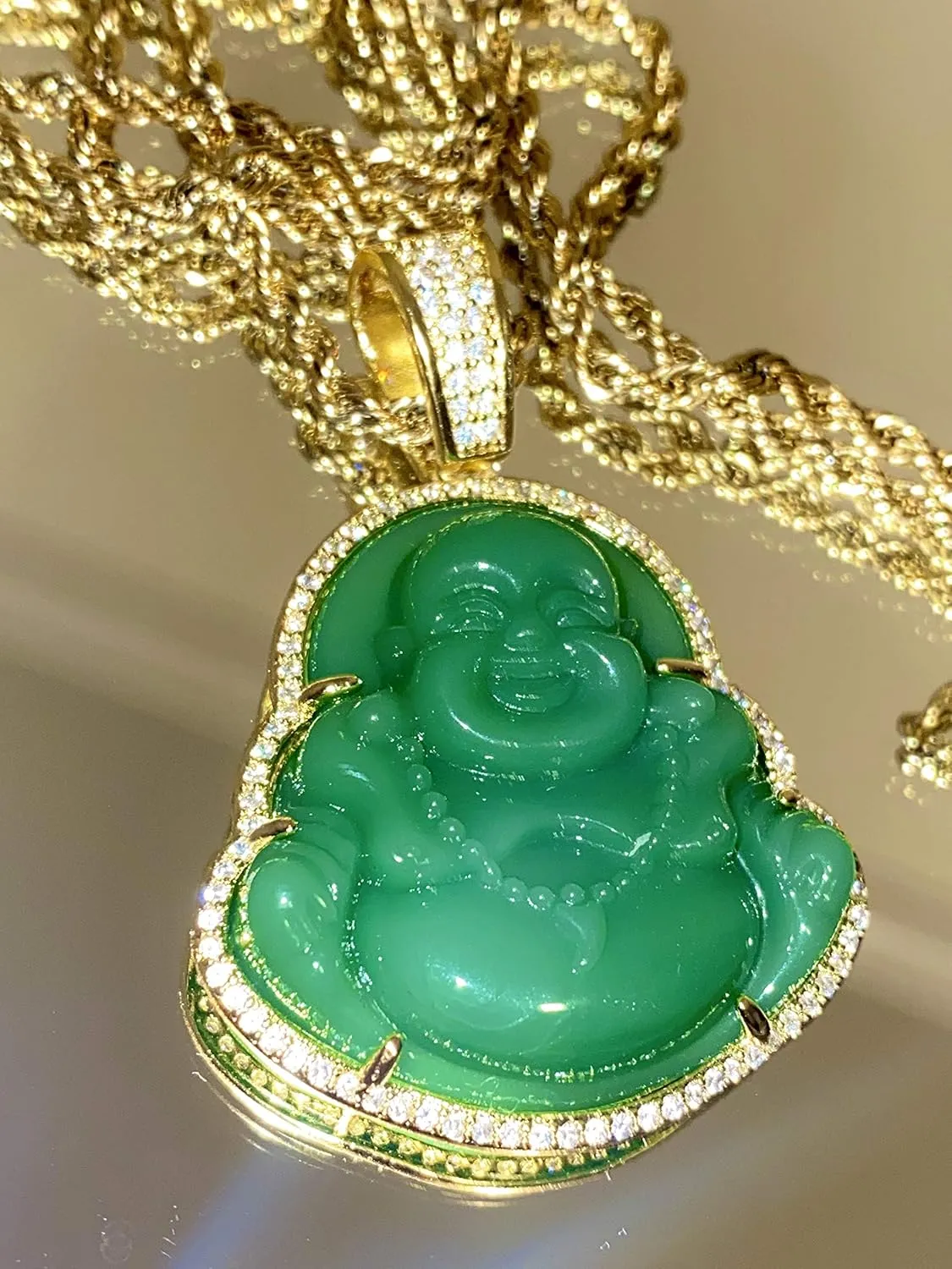 Iced Laughing Buddha Green Jade Pendant Necklace Rope Chain Genuine Certified Grade A Jadeite Jade Hand Crafted, Jade Neckalce, 14k Gold Filled Laughing Jade Buddha Necklace, Jade Medallion