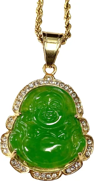 Iced Laughing Buddha Green Jade Pendant Necklace Rope Chain Genuine Certified Grade A Jadeite Jade Hand Crafted, Jade Necklace, 14k Gold Filled Laughing Jade Buddha Necklace, Jade Medallion, Fast Prime Shipping