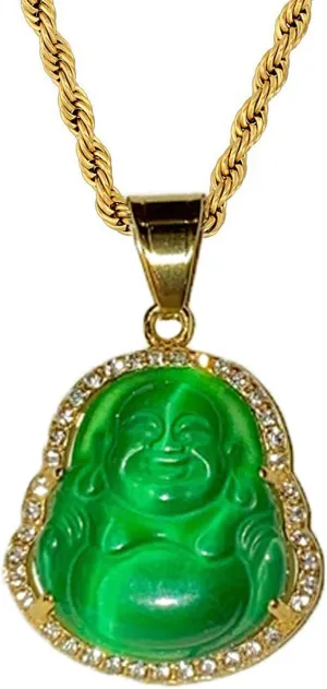 Iced Laughing Buddha Green Jade Pendant Necklace Rope Chain Genuine Certified Grade A Jadeite Jade Hand Crafted, Jade Necklace, 14k Gold Filled Laughing Jade Buddha Necklace, Jade Medallion, Fast Prime Shipping