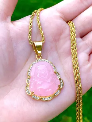Iced Laughing Buddha Pink Jade Pendant Necklace Rope Chain Genuine Certified Grade A Jadeite Jade Hand Crafted, Jade Necklace, 14k Gold Filled Laughing Jade Buddha Necklace, Silver Jade Medallion, Fast Prime Shipping