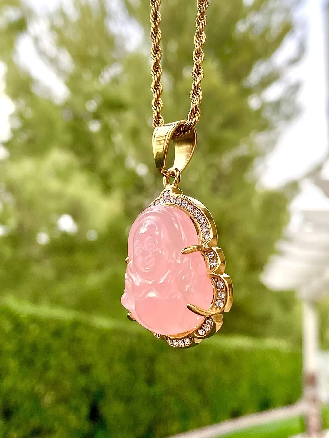 Iced Laughing Buddha Pink Jade Pendant Necklace Rope Chain Genuine Certified Grade A Jadeite Jade Hand Crafted, Jade Necklace, 14k Gold Filled Laughing Jade Buddha Necklace, Silver Jade Medallion, Fast Prime Shipping