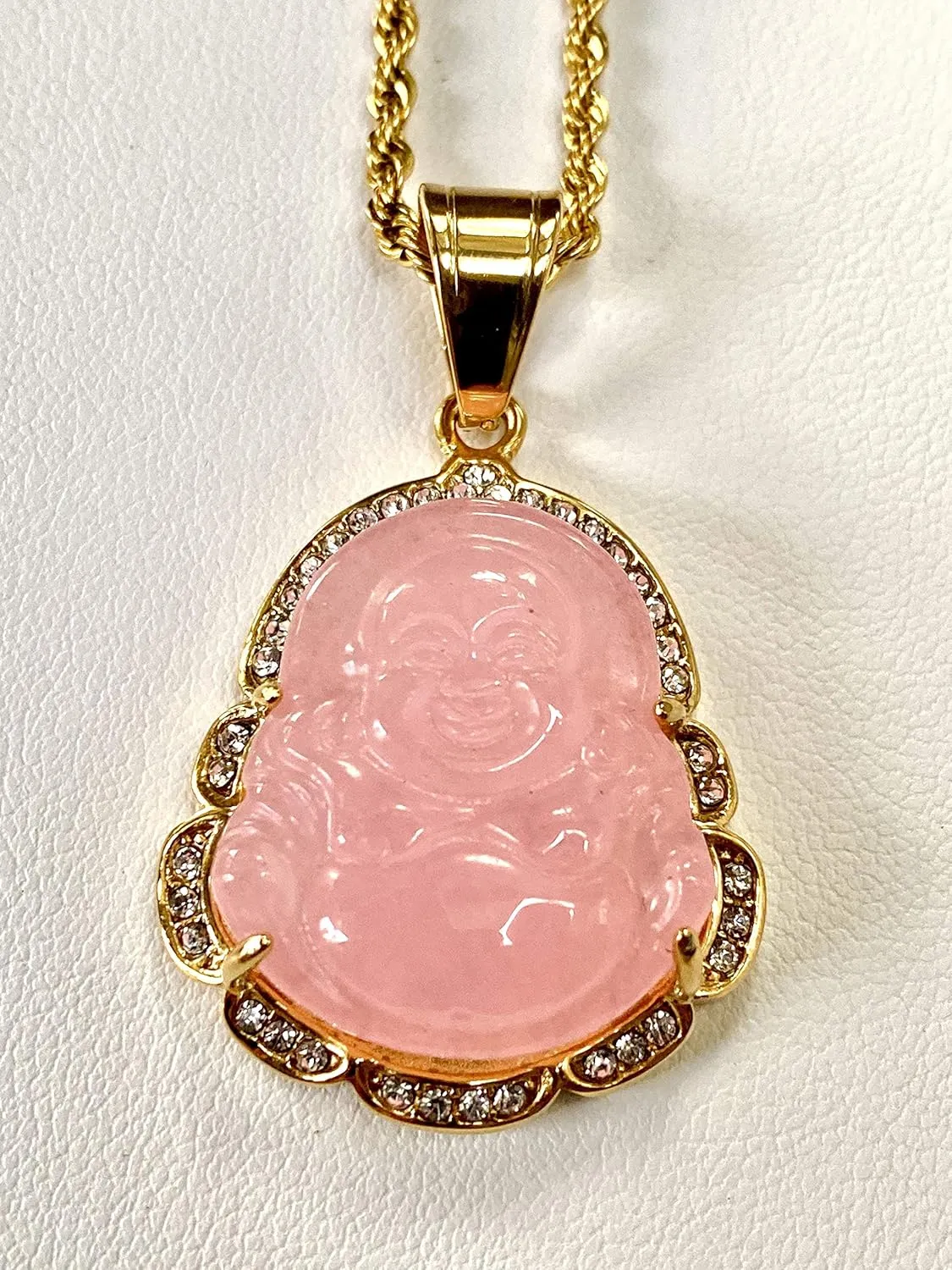 Iced Laughing Buddha Pink Jade Pendant Necklace Rope Chain Genuine Certified Grade A Jadeite Jade Hand Crafted, Jade Necklace, 14k Gold Filled Laughing Jade Buddha Necklace, Silver Jade Medallion, Fast Prime Shipping