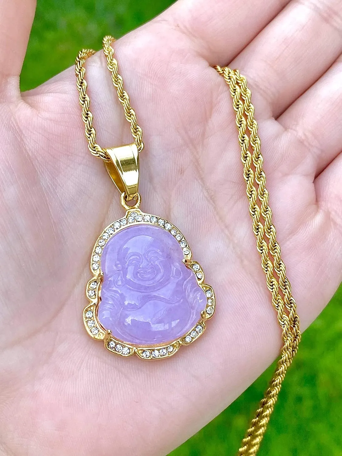 Iced Laughing Buddha Purple Jade Pendant Necklace Rope Chain Genuine Certified Grade A Jadeite Jade Hand Crafted, Jade Necklace, 14k Gold Filled Laughing Jade Buddha Necklace, Silver Jade Medallion, Fast Prime Shipping