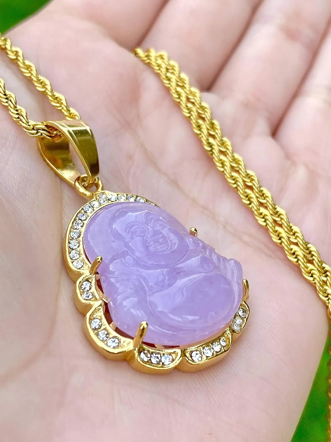 Iced Laughing Buddha Purple Jade Pendant Necklace Rope Chain Genuine Certified Grade A Jadeite Jade Hand Crafted, Jade Necklace, 14k Gold Filled Laughing Jade Buddha Necklace, Silver Jade Medallion, Fast Prime Shipping