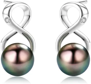 Infinity Earrings AAA Top Grade Genuine Tahitian Black Pearl 8-9mm 18K Gold Plated 925 Sterling Silver ??Birthday Anniversary Jewelry Gifts for Women (18K White Gold)