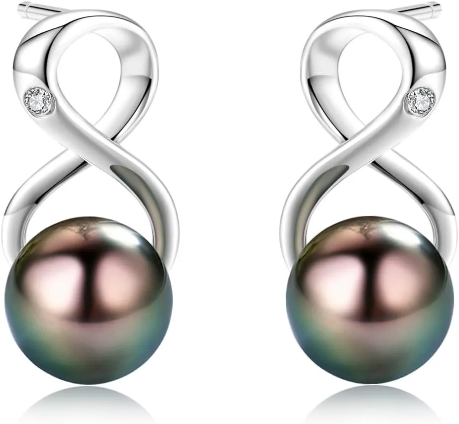 Infinity Earrings AAA Top Grade Genuine Tahitian Black Pearl 8-9mm 18K Gold Plated 925 Sterling Silver ??Birthday Anniversary Jewelry Gifts for Women (18K White Gold)