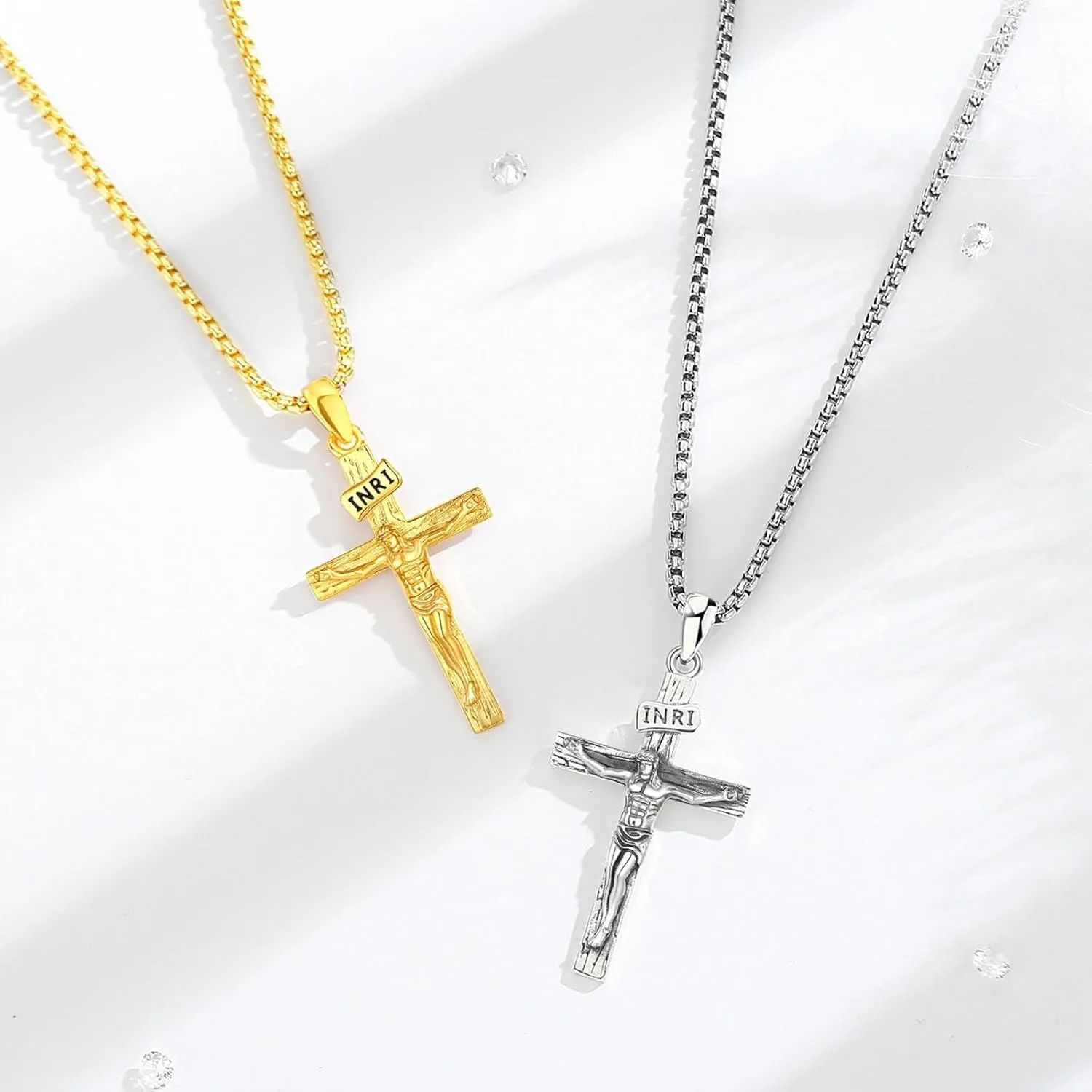 INFUSEU 925 Sterling Silver Jesus Cross Necklaces Crucifix Orthodox Cross Caravaca for Women Men Religious Protection Gifts