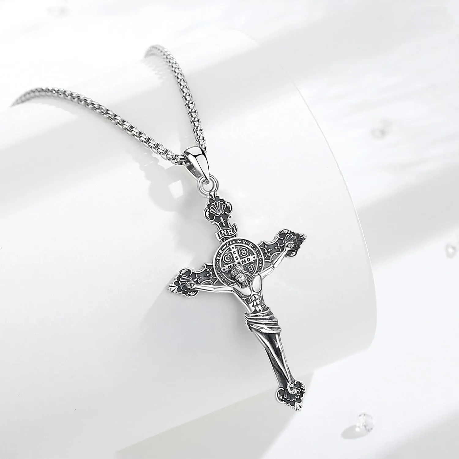 INFUSEU 925 Sterling Silver Jesus Cross Necklaces Crucifix Orthodox Cross Caravaca for Women Men Religious Protection Gifts