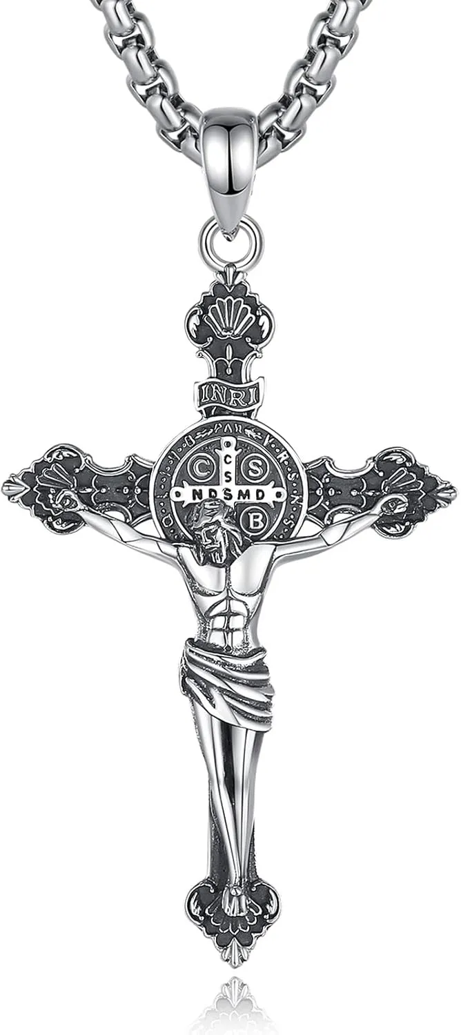 INFUSEU 925 Sterling Silver Jesus Cross Necklaces Crucifix Orthodox Cross Caravaca for Women Men Religious Protection Gifts