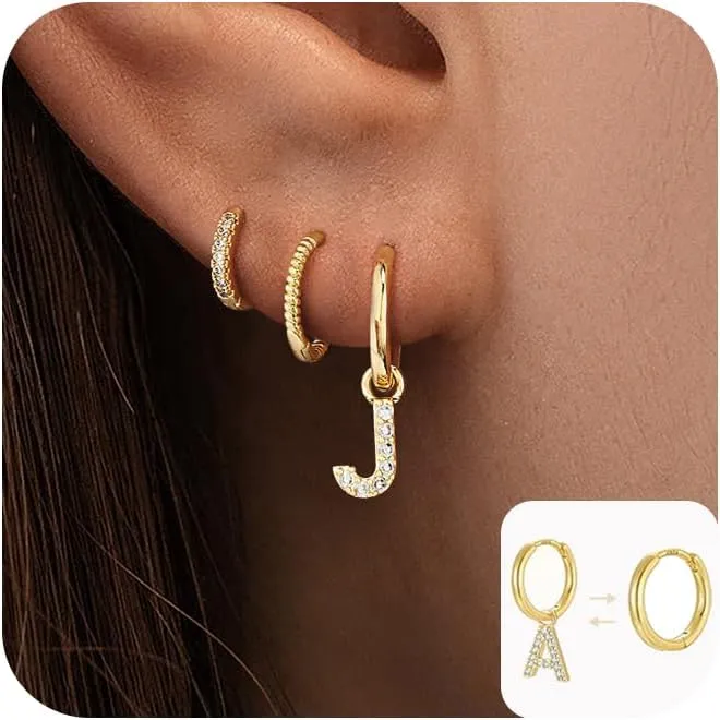 Initial Small Gold Huggie Hoops Earrings Set for Women, Trendy 14k Gold Plated Stack Hoop Earrings Sets Hypoallergenic Detachable Open Hoops Jewelry Gifts