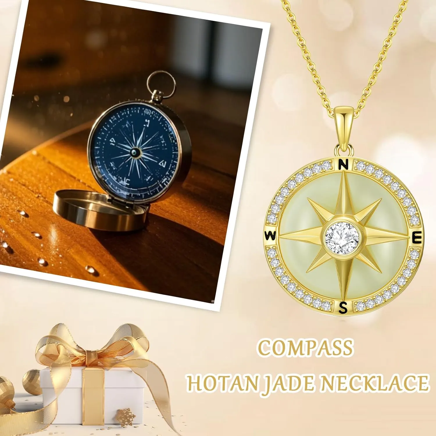 Jade Compass Necklace 14k Gold Plated Sterling Silver Compass Inspirational Jewelry Mothers Day Graduation Birthday Gifts for Women