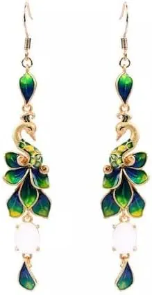 Jade Drop Dangle Earrings Peacock Cloisonne Bohemian Ear Hook 18K Gold Plated