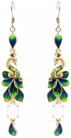 Jade Drop Dangle Earrings Peacock Cloisonne Bohemian Ear Hook 18K Gold Plated