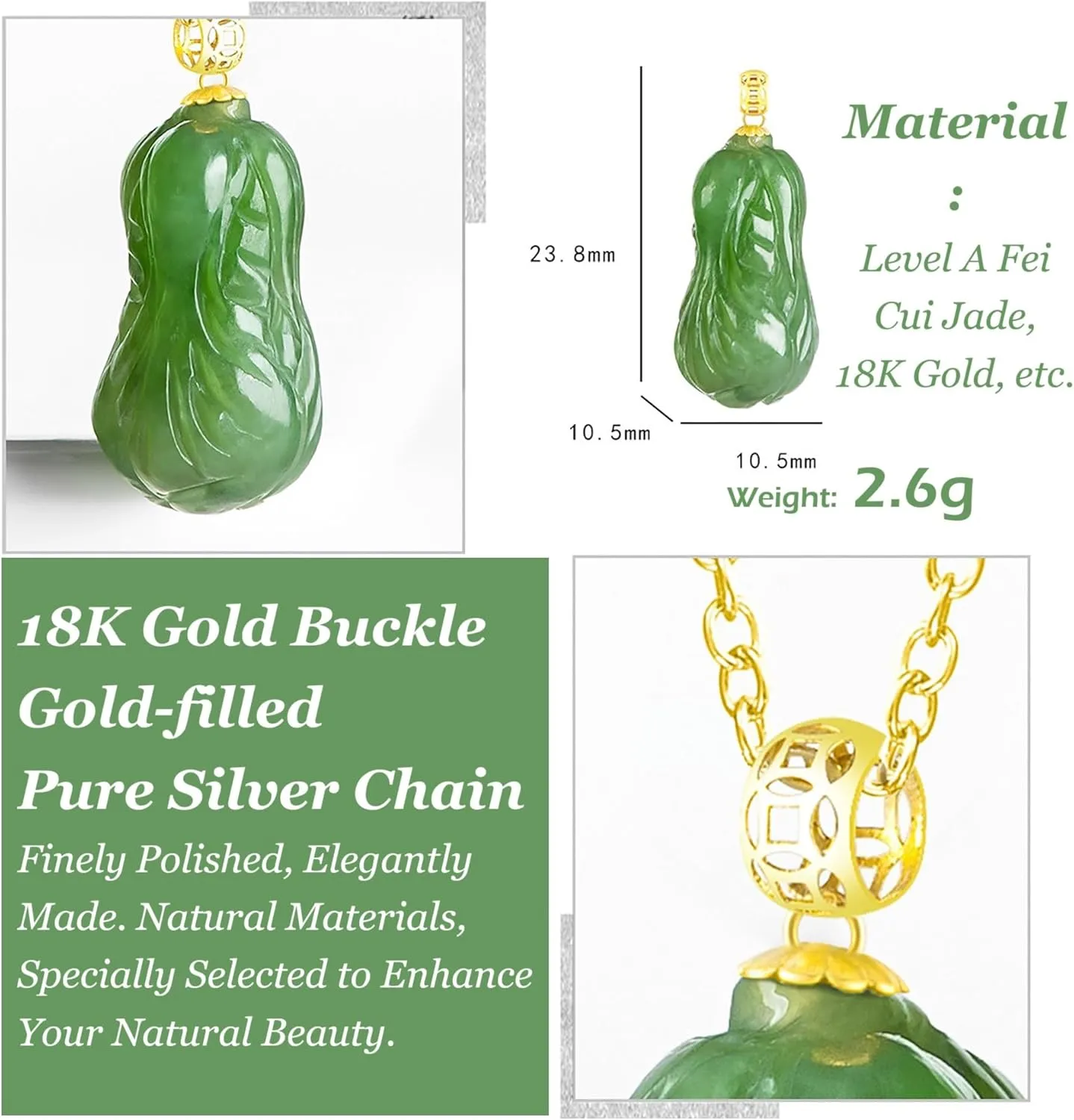 Jade Necklace Jasper Cabbage Money from All Directions Feng Shui Wealth Crystal Necklace Gold Coins Buckle Chakra Balance Gem Quartz Necklace Amulet Talisman Prosperity,Pendant Only